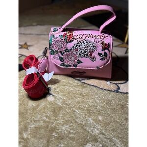 Ed Hardy Pink Leopard Floral Rhinestone Mini Top Handle Bag Purse